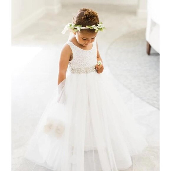 🆕Toddler Girls White Lace Cotton Tulle V Back Sleeveless Maxi Flower Girl Dress - Picture 6 of 8